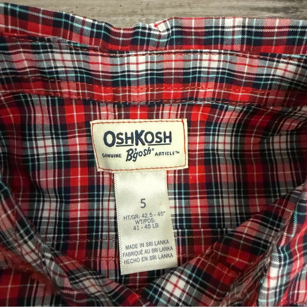 NWT OshKosh B'gosh Red Blue White Plaid Cotton Button-Down Long Sleeve Shirt
